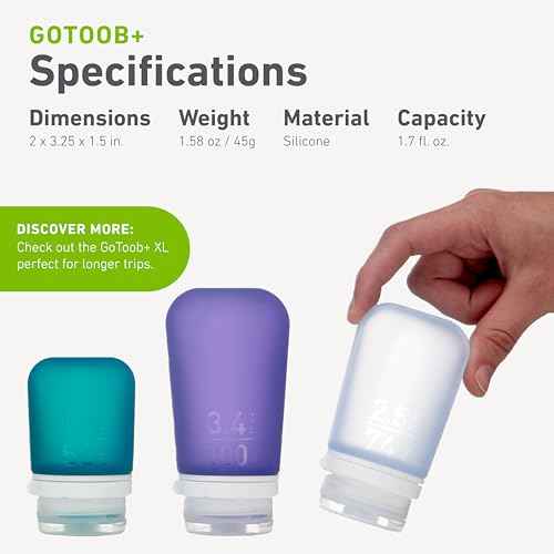 humangear GoToob+ 3-Pack (Small) | Refillable Silicone Travel Bottle | Locking Lid | Food-Safe Material, Clear/Purple/Teal, Small (1.7 fl.oz; 53ml)