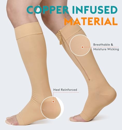 NURCOM Zipper Copper Compression Socks Open Toe Beige 15-20 mmHg Knee High Stockings, Designed for Circulation, Varicose Veins, Swelling, Venous Insufficiency, Post-Operative Recovery, 5X-Large