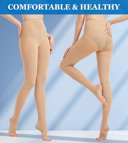 MGANG Medical Compression Pantyhose for Women & Men, 15-20mmHg Graduated Compression Support Tights, Open Toe, Opaque Waist High Compression Stockings for Edema, Varicose Veins, Flight, DVT, Beige L