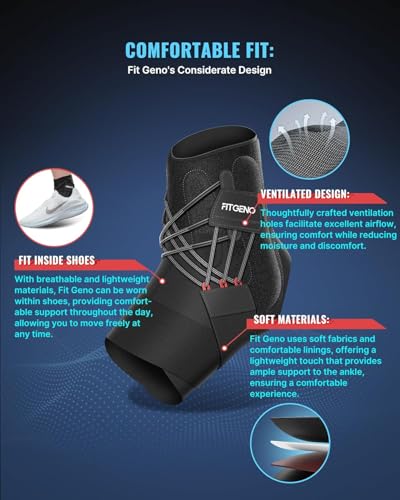 Fit Geno Ankle Brace for Sprained Ankles - Adjustable Breathable Support with Quick-Release Straps for Pain Relief and Swelling Reduction for Men and Women (Right M/L, Ankle size 9''-9.8'')