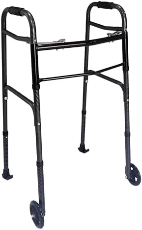 Dr. Aid Premium 2 Button Folding Walker with Wheels, Rolling Front Wheel Walker, Lightweight Walkers for Seniors, Extra Light & Durable Carbon Fiber Aluminum Frame, Adjustable Height, Carbon Black