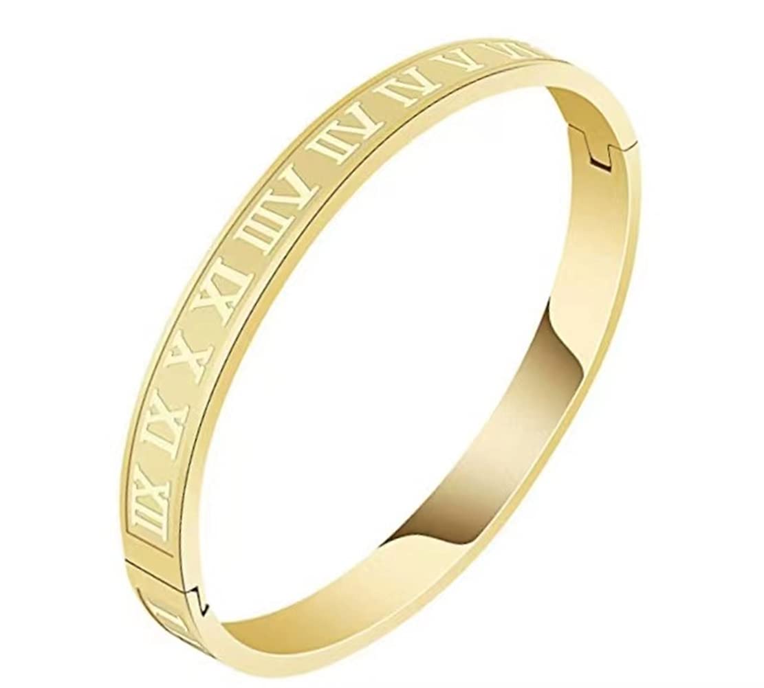 Jarlinwel Gold Silver Plated Bracelets for Men Women Roman Numeral Bangle Bracelet Stainless Steel Personalized Engraved Unisex Gift (Gold 6mm Womens)