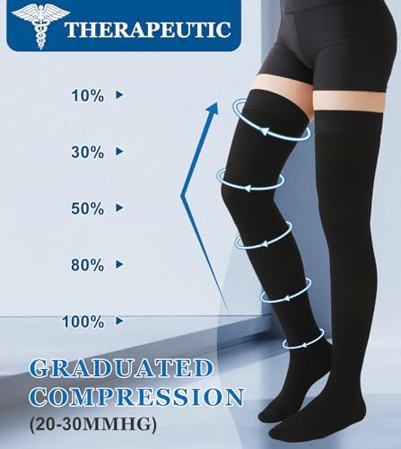 MGANG Medical 20-30 mmHg Compression Stockings for Women & Men, Pair, Thigh High Graduated Compression Socks, Closed Toe, Opaque, Support for Varicose Veins, Edema, DVT, Swelling, Flight, Black XL