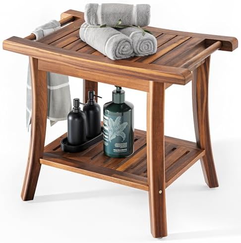 Tinamo Acacia Wooden Shower Bench Seat – Shower Stool for Inside Shower with Shelf – Bathroom Bench Chair Spa Shower Seat – Waterproof Shower Chair (22" x 13" x 18.6") (Acacia)