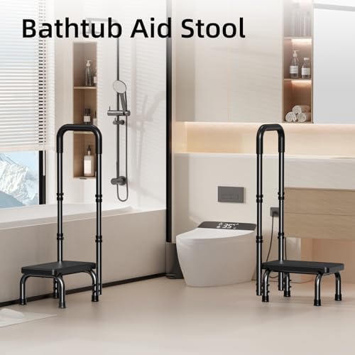 Step Stool with Handle for Ederly and Non-Skid Platform, Height Adjustable Heavy Duty Steps Foot Stool for Adult, Seniors, Foot Stool for Bedside, Kitchen,Bathtub Car,Safely Load 440 lbs. (Black)