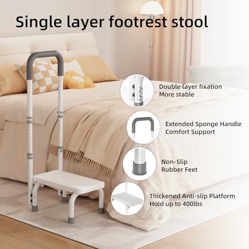 Step Stool with Handle for Ederly and Non-Skid Platform, Height Adjustable Heavy Duty Steps Foot Stool for Adult, Seniors, Foot Stool for Bedside, Kitchen,Bathtub Car,Safely Load 440 lbs. (White)