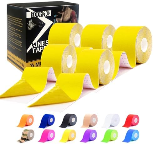 SOON GO Kinesiology Tape Pro 5 Rolls, 2 Inch High Elasticity Sports Tape Therapeutic Pain Relief–Physio Tape for Muscle Recovery & Joint Support, Waterproof & Hypoallergenic & Breathable–Yellow