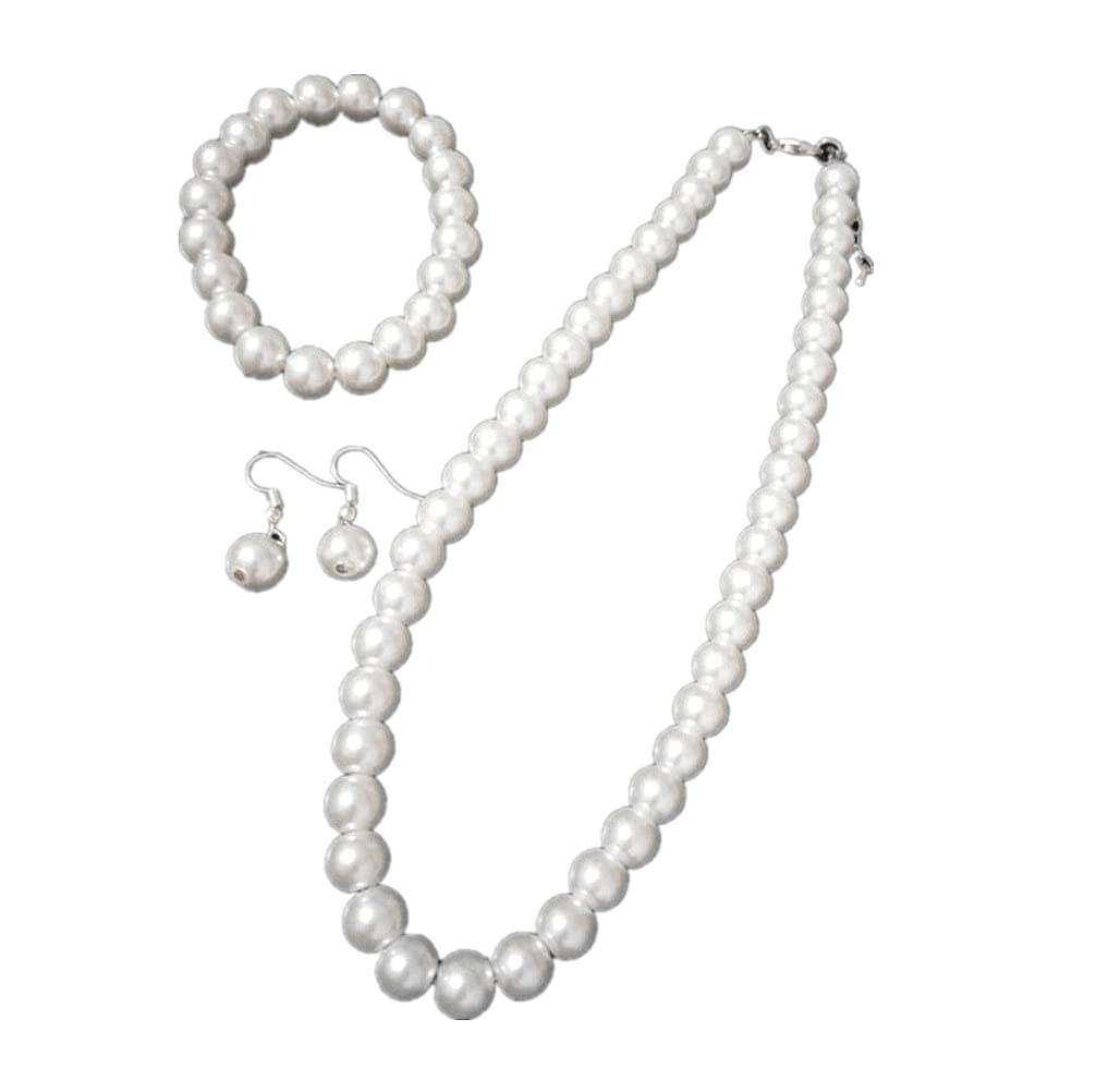 tenghong2021 Fashion Classic Faux Pearl Jewelry Set Necklace Bracelet Earrings for Women Best Gift (White)