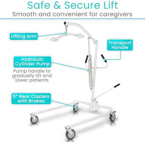 Vive Lightweight Hydraulic Patient Lift for Home Use with Sling - Portable Lift Assist System for Elderly & Disabled - Medical Transfer Aid for Floor, Falls, Car, Wheelchair & Bed - Sit to Stand Lift