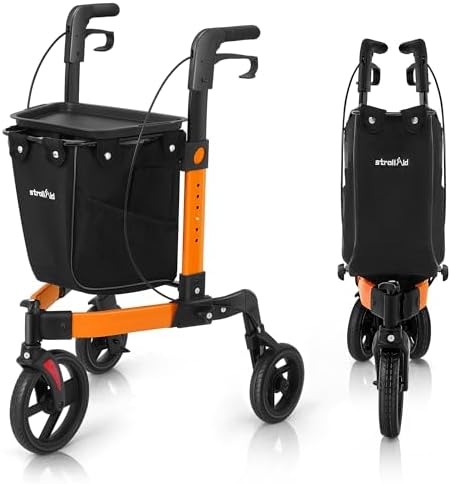 3 Wheel Rollator Walker, Walkers for Seniors, Rollator Walker Lightweight Foldable, with Tray and Large Storage Bag, 10 Inch Front Wheel for All Terrain, Orange