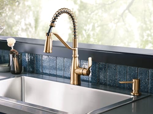 Moen Nolia Bronzed Gold One-Handle Single Hole Spring Kitchen Faucet with Pull Down Sprayer and Soap Dispenser, 87886BZG