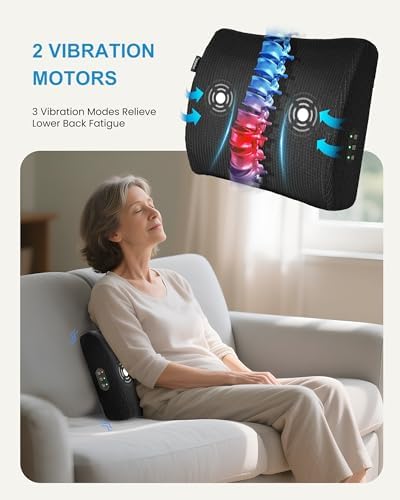 Lumbar Support Pillow for Office Chair - Heated Back Support Pillow with Vibration Massage, Ergonomic Back Massager for Chair, Adjustable Vibration, 2 Heat Levels, Gifts