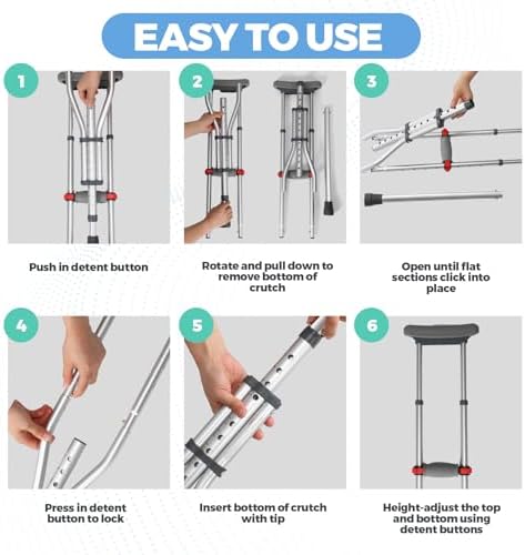 Geiserailie 1 Pair Aluminum Underarm Crutches Lightweight Crutches with Height Adjustment up to 300 Lbs Walking Aid for Adults Elder Range 4'6”– 6'6” with Underarm Pad and Hand Grip