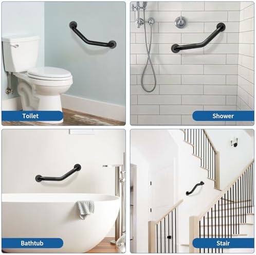 16 Inch Angled Shower Grab Bar Black, Munzong 2 Pack Anti Slip Bathroom Grab Bar, Knurled Bathroom Balance Bar,Safety Hand Rail Support Handicap Elderly Injury Senior Assist Bath Handle-1.25” Tube