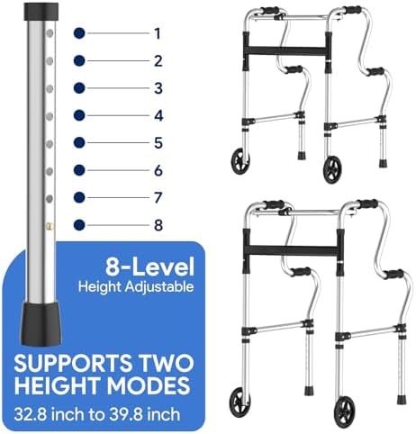 Walkers for Seniors, Folding Walker, Narrow Walkers for Small Spaces, Standard Walker Height Adjustable, Front Wheeled Rolling Walker, Upright Mobility Aid for Seniors and Handicap, Up to 300 Pounds