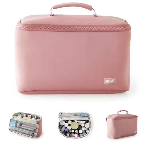 KUSSHI Neoprene Train Case Makeup Bag - Washable Makeup Travel Bag & Vanity Case for Stress Free Travel (Large, Mauve/Stone)