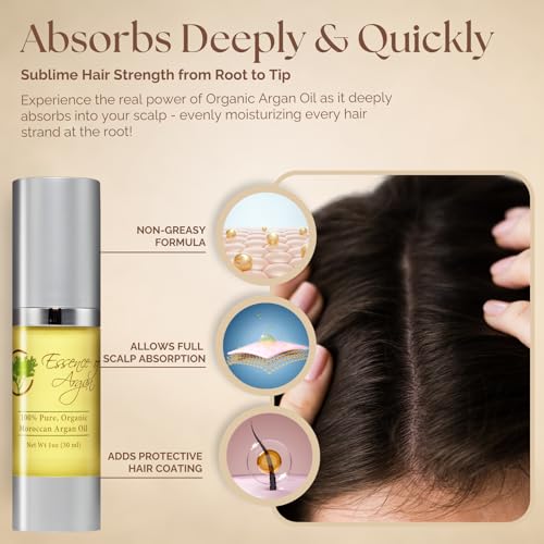 Essence Of Argan Moroccan Argan Oil for Hair, Skin & Nails - Natural Eco-Certified Cold Pressed Oil for Skin Moisturization - Non-Greasy Formula for Hair and Nail Growth - 1.7 Oz /50ml