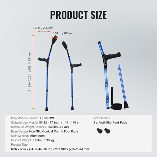 VEVOR Forearm Crutches for Adults, 11-Level Height Adjustable Walking Crutches with 4-Level Upper Cuff, Lightweight Aluminum Medical Support Crutches for Leg Injury Surgery Disabled, 1 Pair (350LBS)