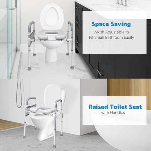 Raised Toilet Seat with Handles, Toilet Seat Risers for Seniors Width and Height Adjustable Raised Toilet Seat with Handles for Elderly