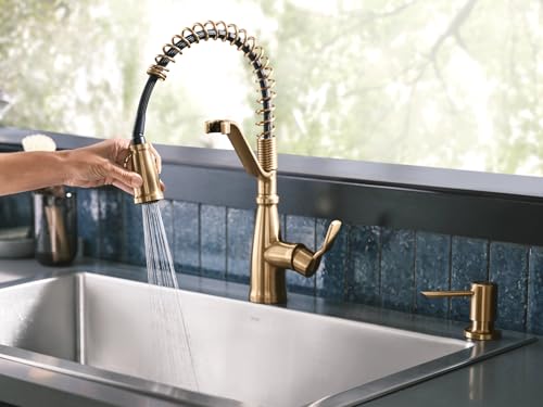 Moen Nolia Bronzed Gold One-Handle Single Hole Spring Kitchen Faucet with Pull Down Sprayer and Soap Dispenser, 87886BZG