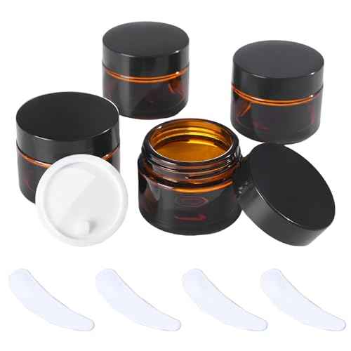 OverNews 2oz Amber Glass Jar Travel Size, 4PCS Empty Cosmetic Lotion Container with Black Lid & Spatula, Small Mini Jar for Beauty