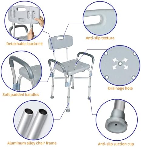 UNICOO® Adjustable Shower Chair for Inside Shower | Lightweight Bath Chair with Detachable Backrest, Arms, and Drain Holes for Elderly and Disabled, Safety Legs, and Padded Armrests | Shower Stool