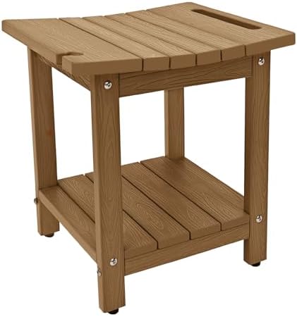 HDPS Shower Bench, Inside Shower Chair for Shaving Legs, Waterproof 2-Tier Bath Spa Shower Stool for Adults Sitting, Weather -Resistant No-Slip Indoor Outdoor Shower Seat, Teak