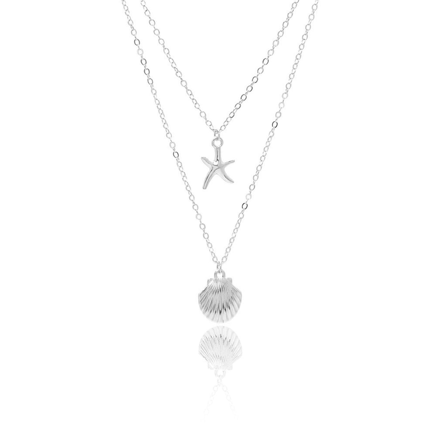 Boho Starfish Seashell Layered Necklace Gold Silver Plated Dainty Charm Double Layer Sea Shell Lucky Stars Ocean Animal Chain Necklace for Women Hawaiian Summer Beach Vacation Jewelry Gifts (Silver)