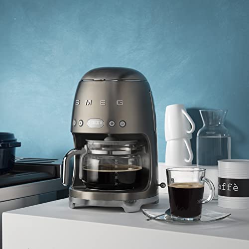 Smeg 50's Retro Style Aesthetic Drip Coffee Machine with 10 Cup Glass Carafe, Auto Start Feature, Keep Warm Plate, and Two Coffee Strength Settings (Brushed Stainless Steel)