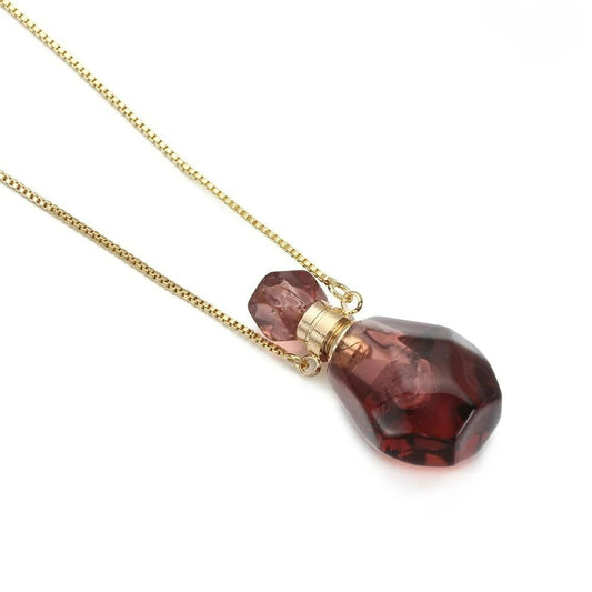 14K Yellow Gold Natural Stone Vial Necklace For Women - Glass Pendant Water Drop Jar Perfume Jewelry - Container For Liquid Oil Diffuser