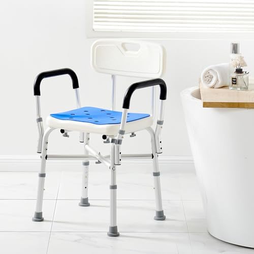 Shower Chair Seat, 400 lbs Capacity, Shower Stool with Crossing Bar, Padded Armrests and Back, Shower Chair for Inside Shower Bathtub, Adjustable Height Bench Bath Chair for Elderly Disabled