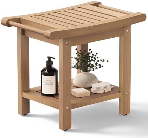 Poly Lumber Shower Bench Seat, Larger Size 22" x 13", Shower Benches for Inside Shower, Waterproof Shower Stool with Handles & Storage Shelf, Shower Chair for Bathroom, Bath Stool (Teak Color)