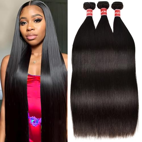 Straight Human Hair bundles 12A Grade 100% Unprocessed Brazilian Virgin Human Hair Weave 3 Bundles Deals Human Hair18 20 22 Inch Human Hair Bundles Natural Black Color