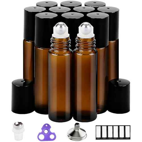 PrettyCare Set of 12, 10 ml Amber Glass Roller Bottles for Essential Oil with Stainless Steel Roller Ball - Refillable Leak-proof Empty Roll on Bottles with Black Caps for Travel, Perfume, Lab