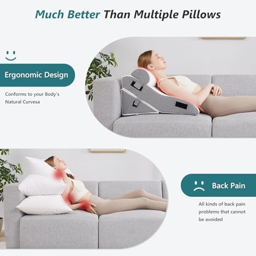 Bed Wedge Pillow Set for Sleeping 3 PCS - 22.5" Wide Triangle Pillow for Back Leg Pain Relief with Washable Cover - 35D Foam Wedge Pillow Post Surgery for Acid Reflux & Snoring (White Grey)