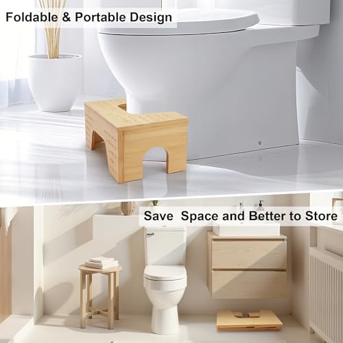 Foldable Toilet Stool Squat, 7" & 9" Adjustable Heights Bamboo Flip Poop Stool for Adults and Kids with Non-Slip Layer - Improve Bathroom Posture and Comfort, No Assembly Required,Natural