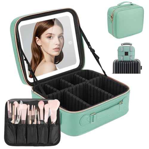 Travel Makeup Bag with LED Mirror, Cosmetic Bags for Women with Light up Mirror, Travel Essentials Makeup Organizer, Makeup Case with Adjustable Dividers and Brush Holder, 3 Color Lights