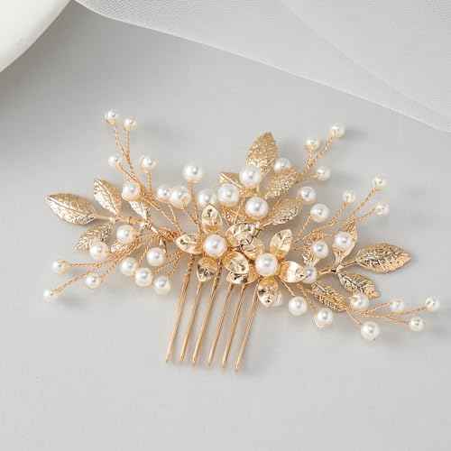 SWEETV Bridal Hair Comb Pearl Accessory Bendable Leaf Hair Piece Vintage Wedding Accessories for Brides Bridesmaids Women Girls