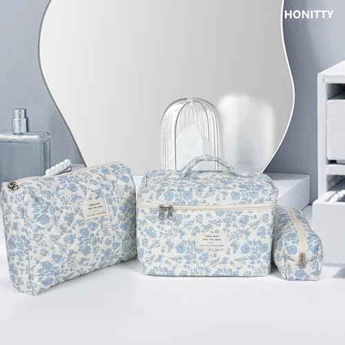 Makeup Bag,Quilted Cosmetic Bag,Large Floral Make Up Bag for Women,Cotton Makeup Bag Set,Flower Travel Toiletry Bag