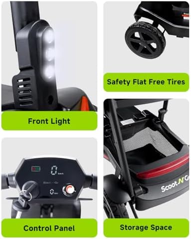 4 Wheel Mobility Scooter for Adults & Seniors Electric Powered Lightweight Foldable 5 MPH Speed 15 Miles Range Two Removable Batteries Airline Approved (Black Red, Standard)