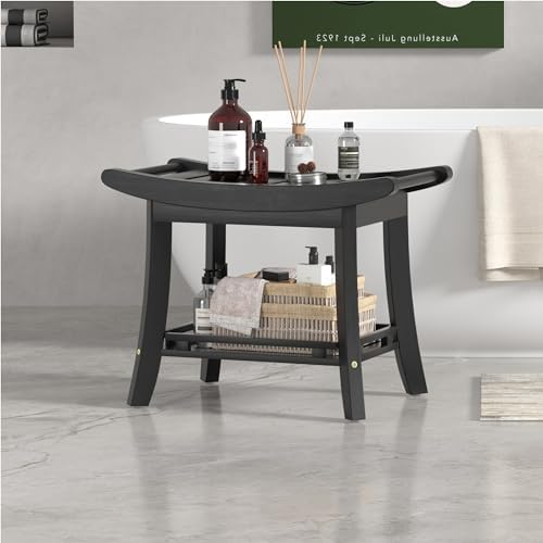 Bamboo Shower Bench Chair Bathroom Shower Stool Seat for Inside Shower Bathtub with Storage Shelf Shower Foot Rest for Shaving Legs 25.2 x 13 x 19.2 Inches Black