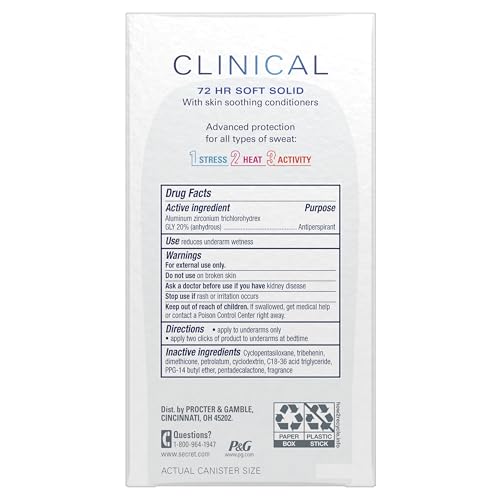 Secret Clinical Strength Antiperspirant Deodorant for Women, Free & Sensitive, 3X Stress Protection, 72hr Sweat & Odor Protection, PH Balancing Minerals, Soft Solid, Unscented, 1.6 oz (Pack of 3)
