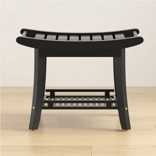 Bamboo Shower Bench Chair Bathroom Shower Stool Seat for Inside Shower Bathtub with Storage Shelf Shower Foot Rest for Shaving Legs 25.2 x 13 x 19.2 Inches Black