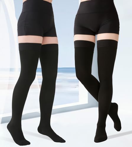 MGANG Medical 20-30 mmHg Compression Stockings for Women & Men, Pair, Thigh High Graduated Compression Socks, Closed Toe, Opaque, Support for Varicose Veins, Edema, DVT, Swelling, Flight, Black L