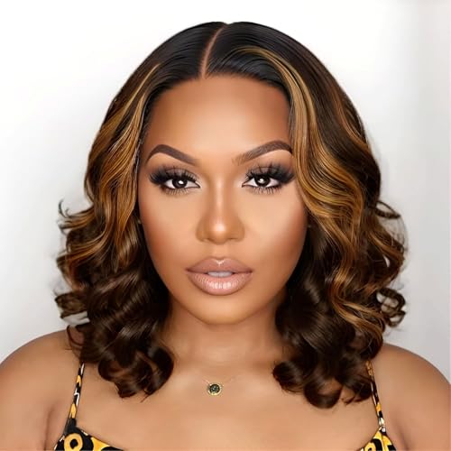 Brown Highlighted Wig Human Hair Wigs for Black Women Glueless Wigs Human Hair Pre Plucked Pre Cut Pre Bleached 6X5 HD Lace Closure ready to wear wigs glueless human hair Wigs 180% Density 12inch