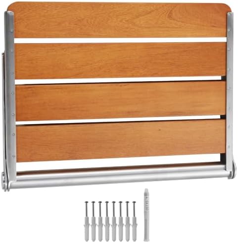 VEVOR Folding Teak Shower Seat, 20.9 x 16'' Unfolded, Wall Mounted Fold Up Shower Bench with 500 lbs Load Capacity, Space Saving Home Care Fold Down Shower Chair, for Seniors Pregnant Women Children
