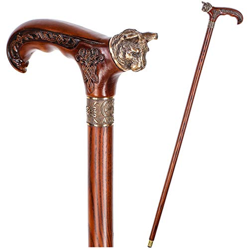 Handmade Wooden Walking Cane Stick Metal Brass Bronze Cat Handle Wooden Shaft for Men & Women stylish collectible 36''
