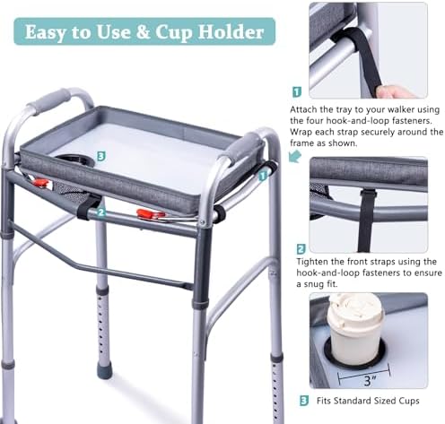 BAGSFY Clear View Walker Tray for Seniors– Universal Folding Walker Table with Cup Holder & Side Pocket | Hard Top Lightweight Walker Accessory, Tool-Free Installation, Fits Most Walkers