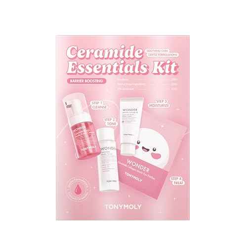 TONYMOLY Wonder Ceramide Mochi Essentials 4-Piece Skincare Set ? Travel Toner, Cleanser, Cream & Eye Patches, Hydrating Korean Skincare Kit