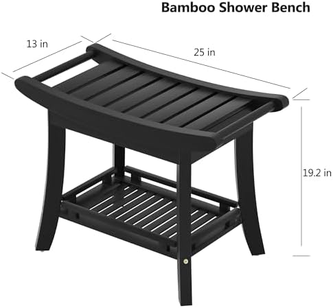 Bamboo Shower Bench Chair Bathroom Shower Stool Seat for Inside Shower Bathtub with Storage Shelf Shower Foot Rest for Shaving Legs 25.2 x 13 x 19.2 Inches Black